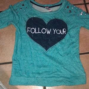 Emerald green/teal long-sleeve bedazzled t-shirt